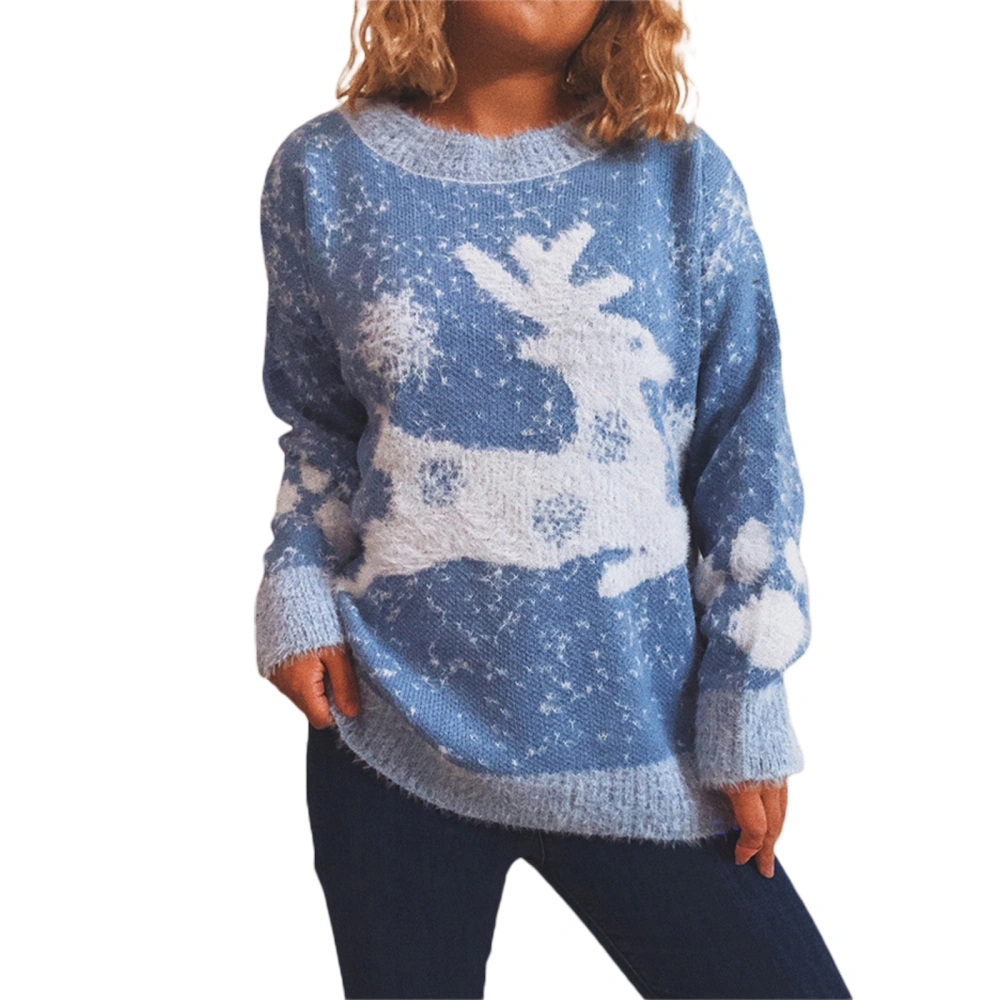 Women Christmas Sweater, Elk and Snowflake Pattern Knitted Pullover