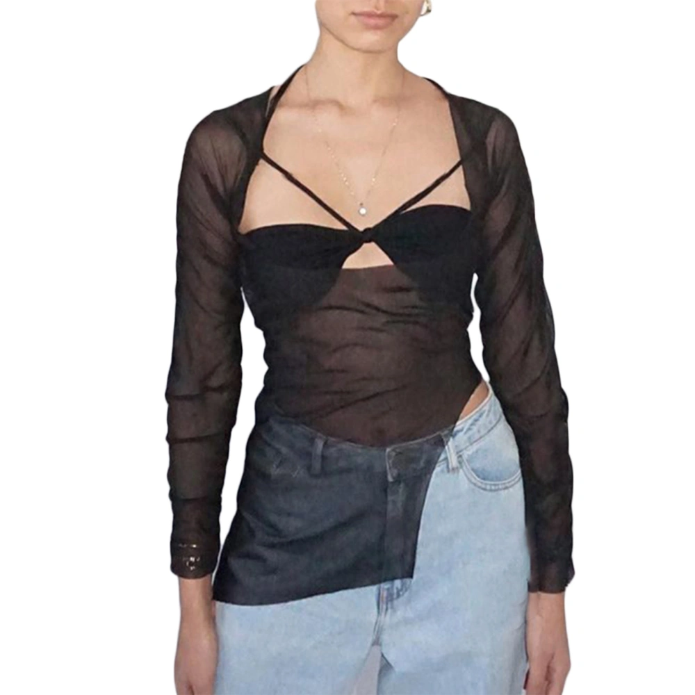 Women Two Piece Tops Set, Pleated Halter Neck Bra Mesh Shirt