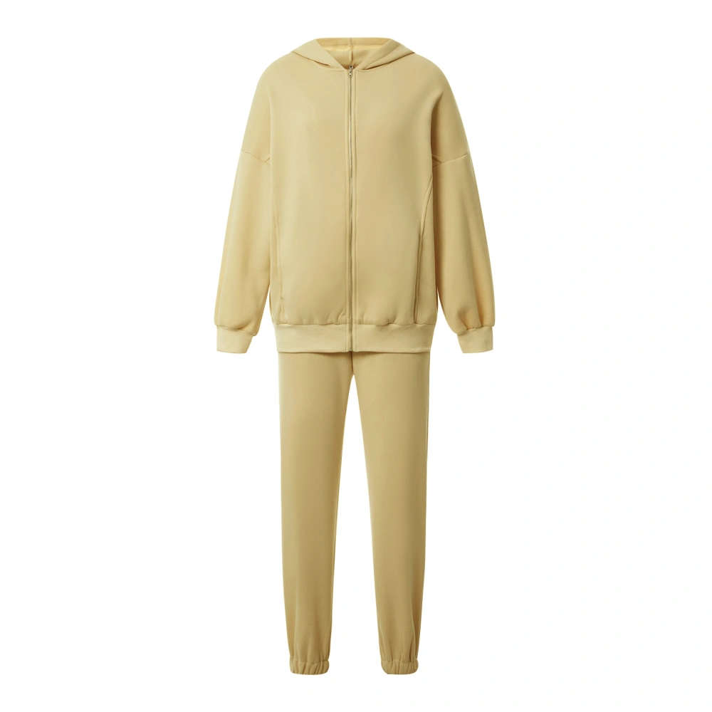 Women Tracksuits Set, Solid Color Zipper Hooded Sweatshirt + Long Pant