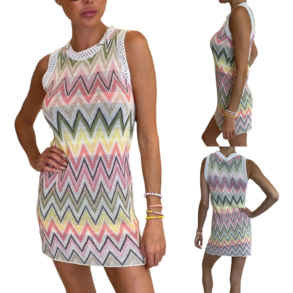 Women’s Colorful Pattern Slim Fit Sleeveless Knitted Short Dress