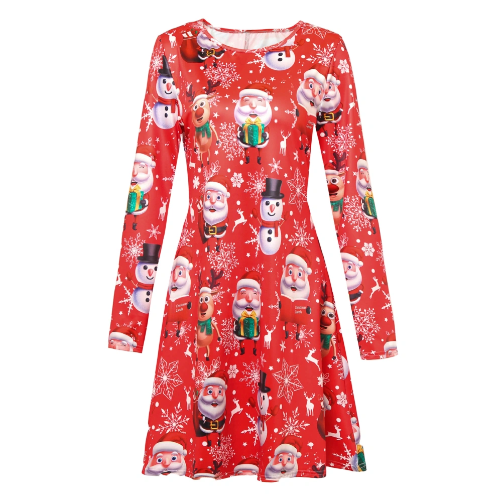 Women Christmas Dress, Santa Pattern Elastic Round Neck Skirt 