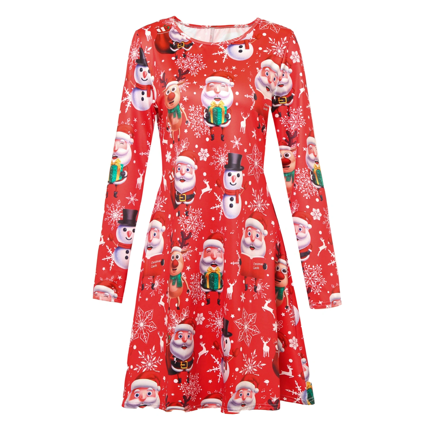 Women Christmas Dress, Santa Pattern Elastic Round Neck Skirt 