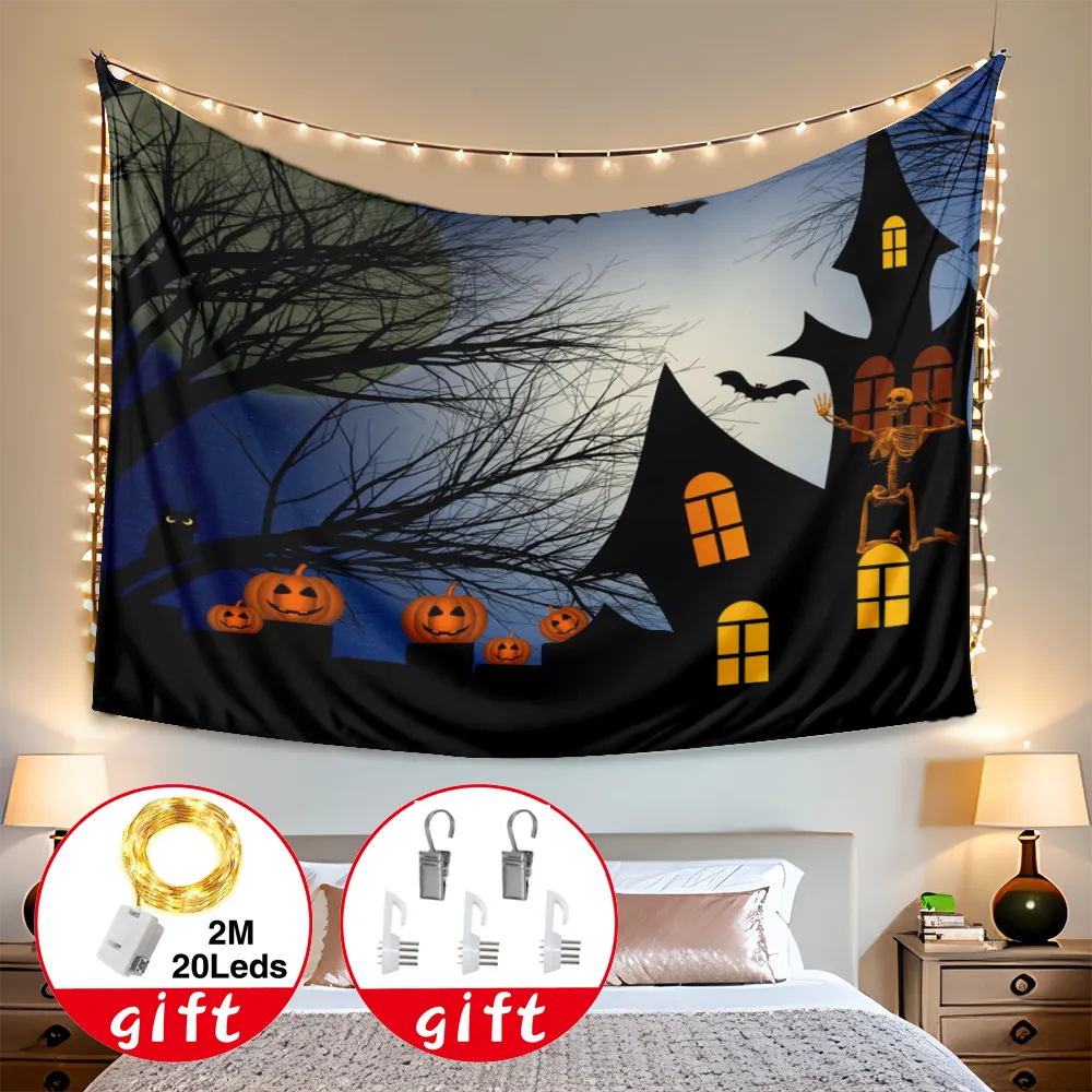 Halloween Decorative Tapestry, Wall Hanging Pumpkin Lamp Bat Crow Dead Tree Wall Hanging Tapestry, for Bedroom Home Dorm Halloween Decor,#069