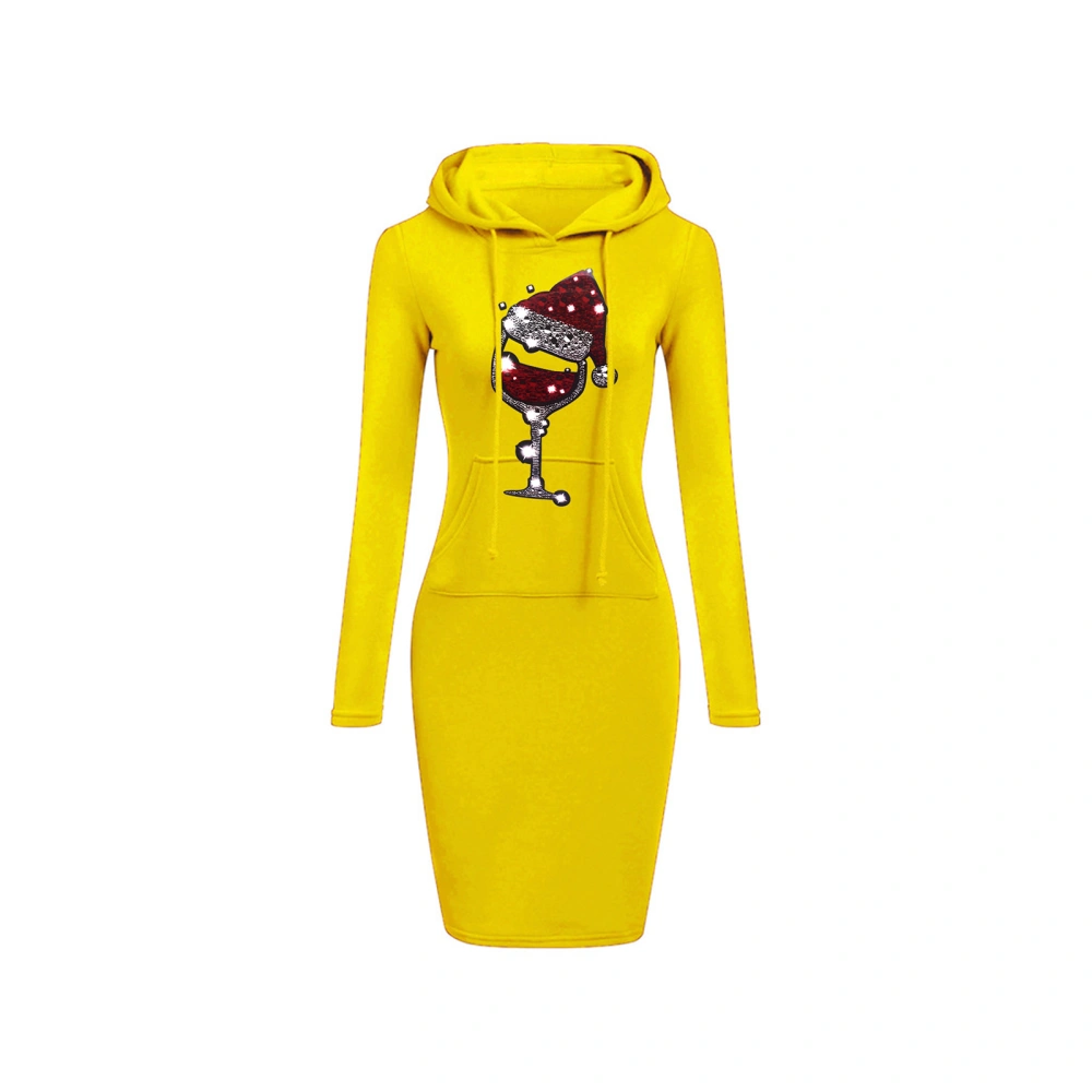 Women's Christmas Wine Glass Long Sleeve Front Pocket Hooded Dress