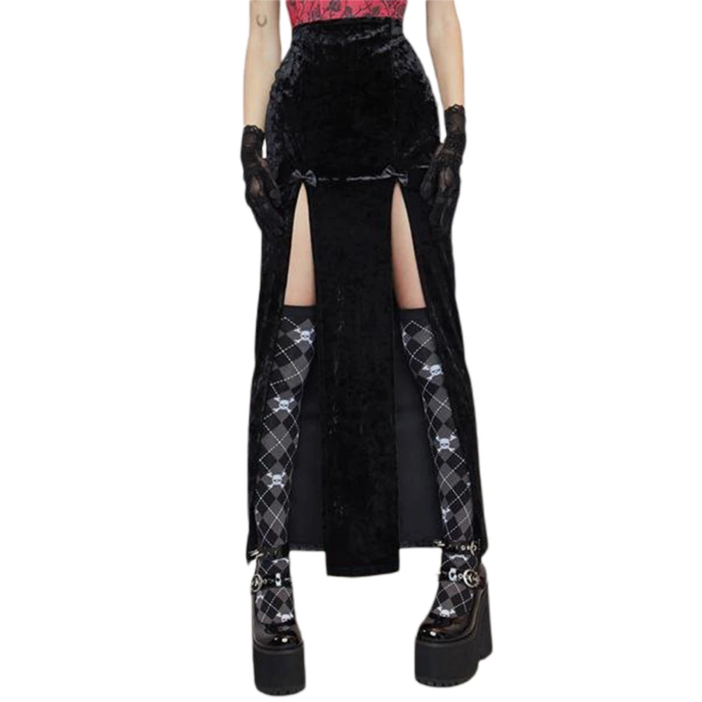 Ladies Party Skirt High Slit Bowknot Decorated High Waist Punk Skirt