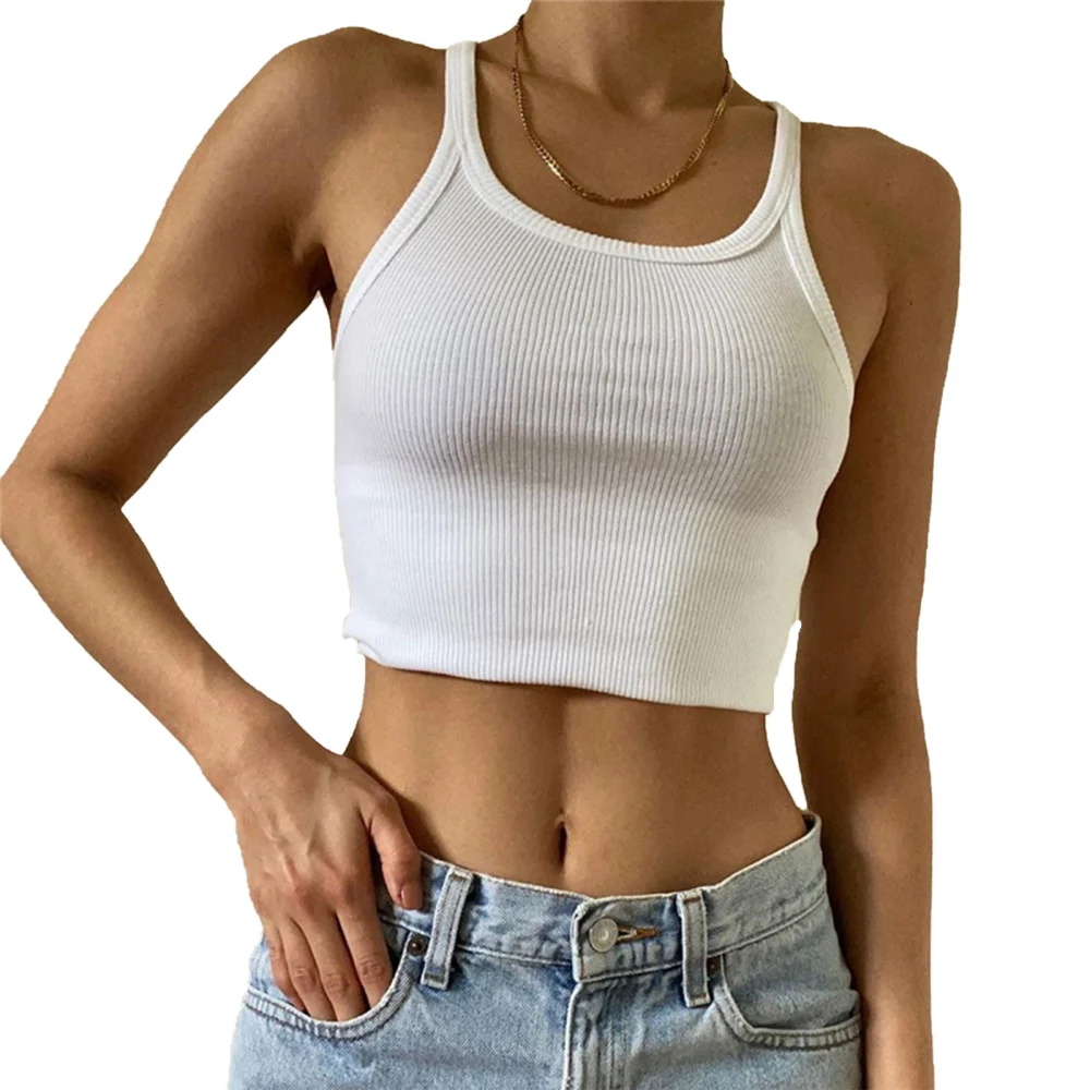 Women Rib Knit Tank Tops, Sleeveless Crew Neck Slim Fit Crop Tops