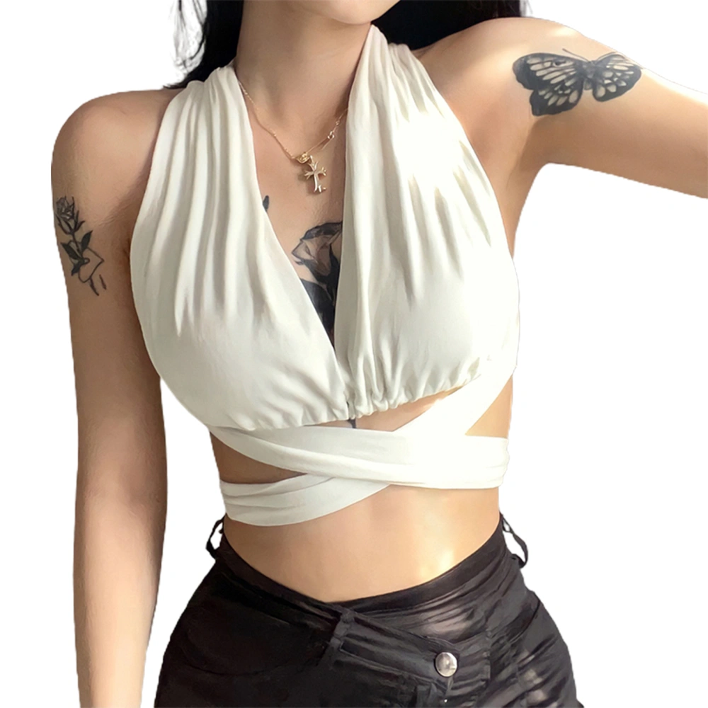 Women’s Solid Color V-neck Bandage Backless Exposed Navel Vest