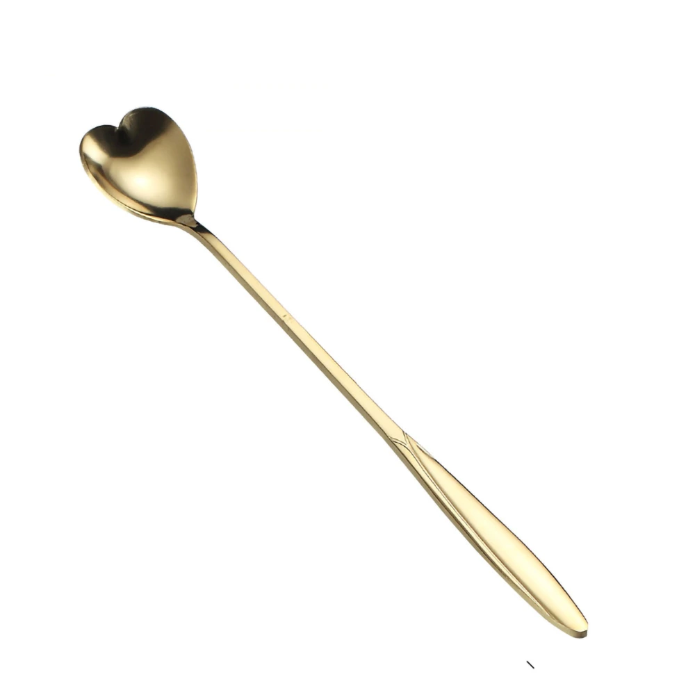 Golden Stainless Steel Spoon Ergonomic Round Dessert Spoon with Long Handle for Coffee Tea Ice Cream Long Heart Spoon (Gold) 18cm / 7.1in