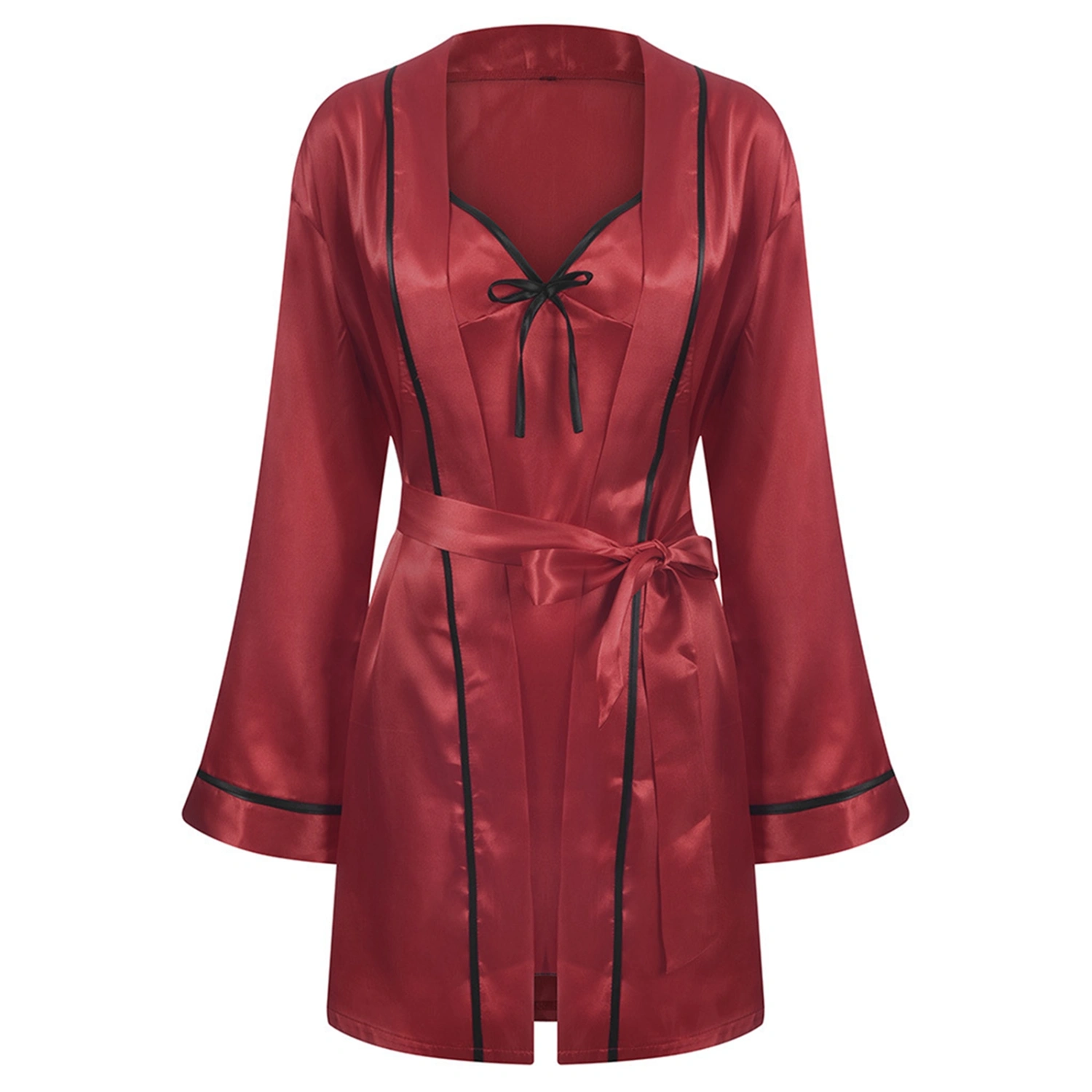 Women Sling Lace-up Bathrobe V-Neck Bowknot Stain Coat Suit