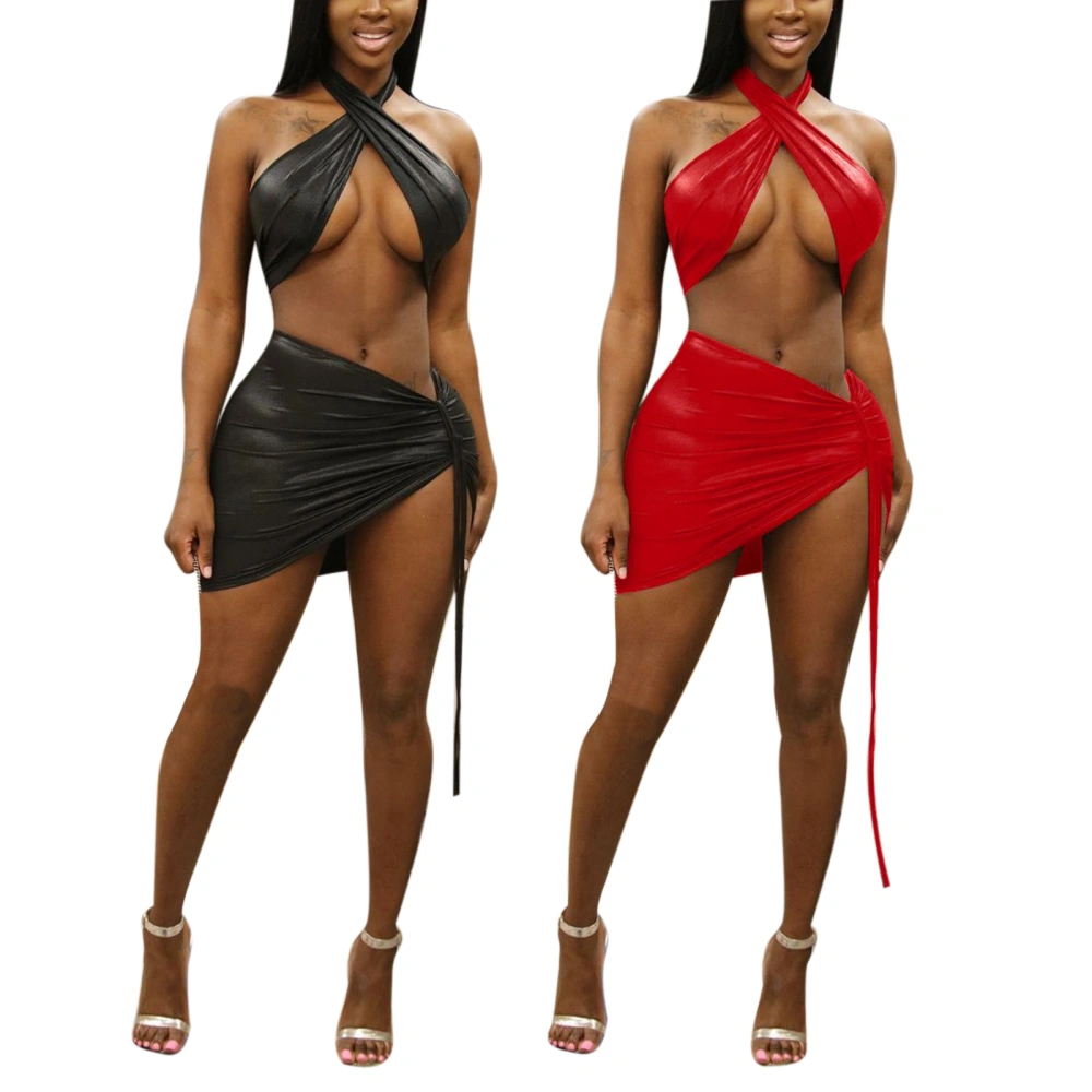 Women Sexy Clothes Set, Halter Neck Crop Tops and Slit Skirt