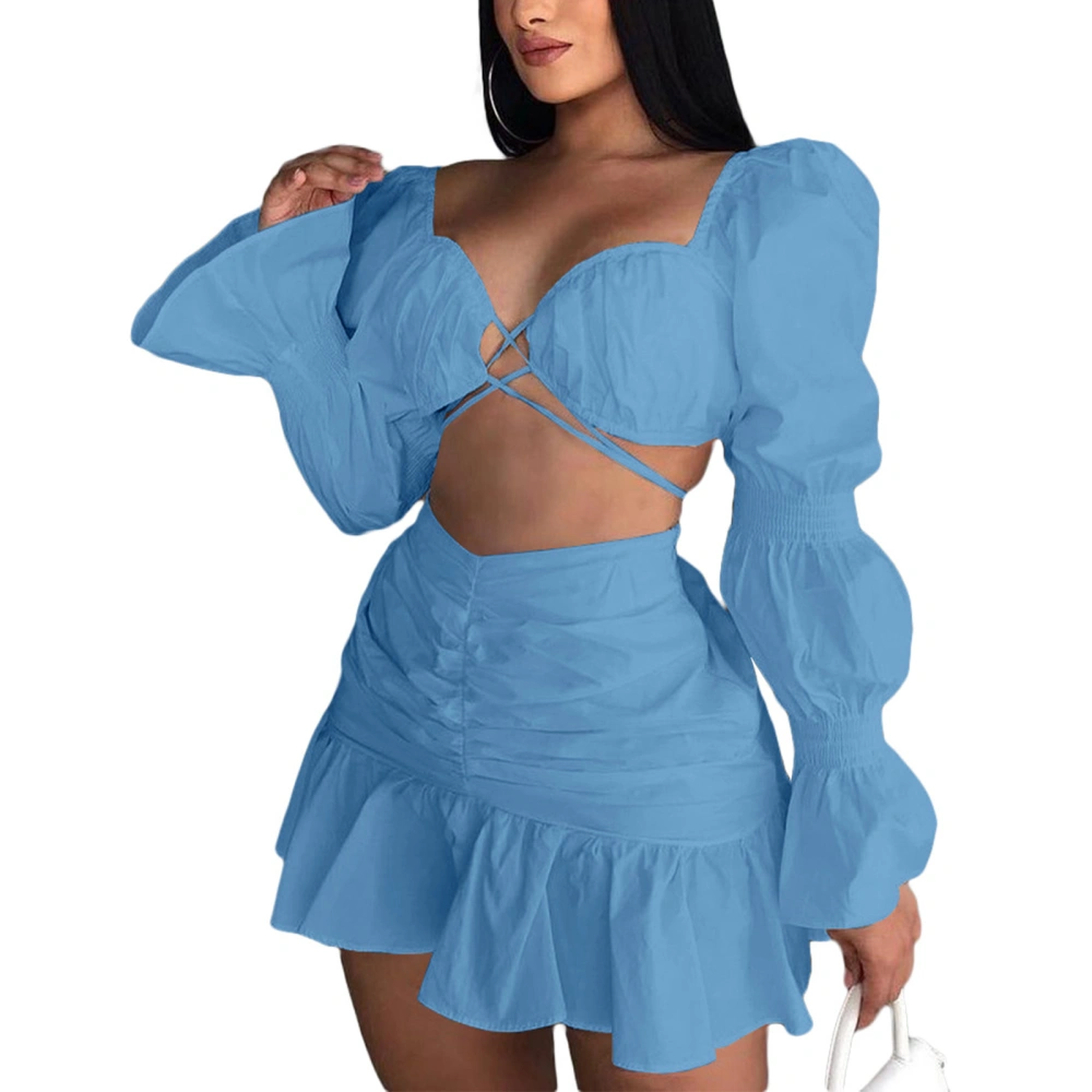 Women Skirts Sets, Lantern Sleeve Crop Tops + High Waist Ruffle Skirt