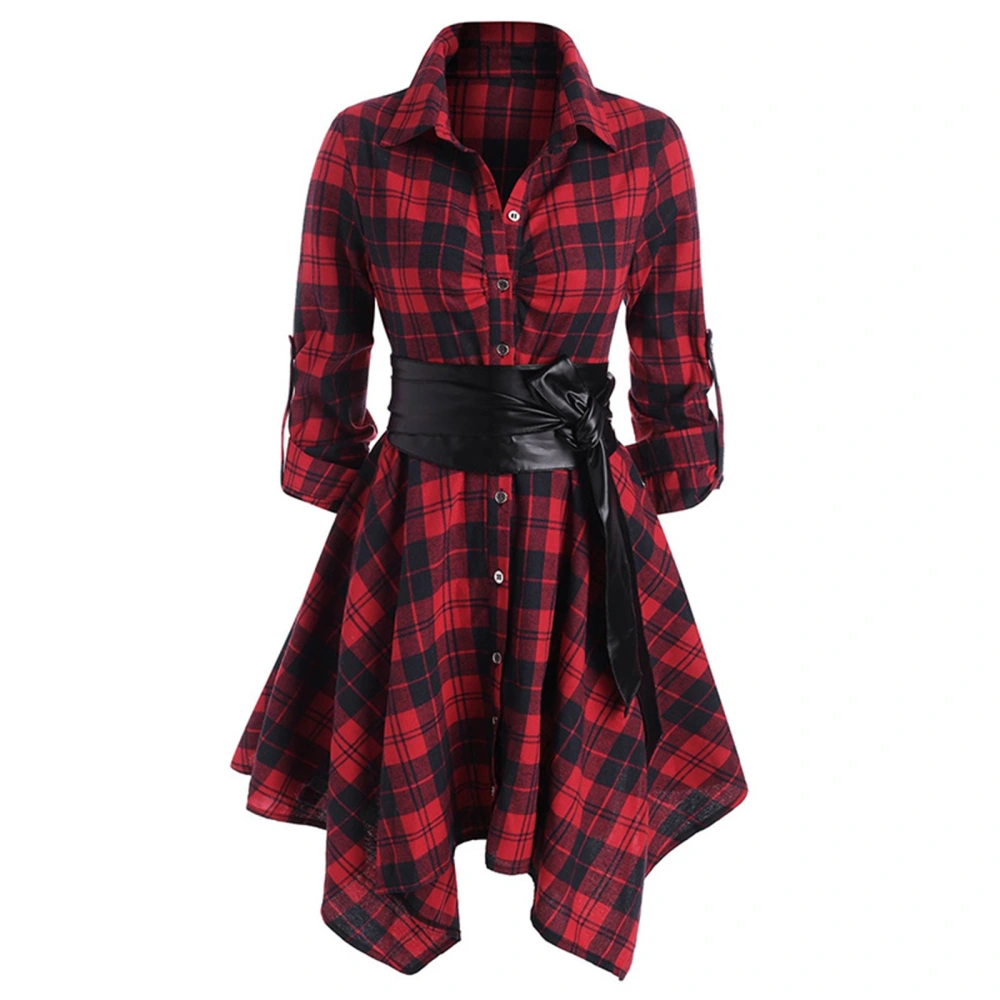 Women Plaid Shirt Dress, Long Sleeve Buttoned Lapel Collar Waist Belt