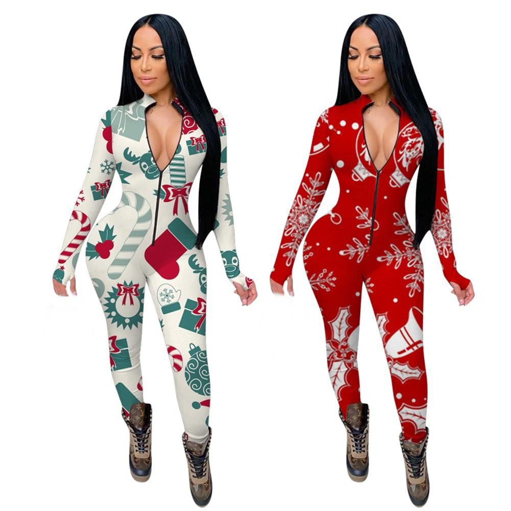 Women Christmas Long Sleeve Mock Neck Holiday Print One Piece Jumpsuit