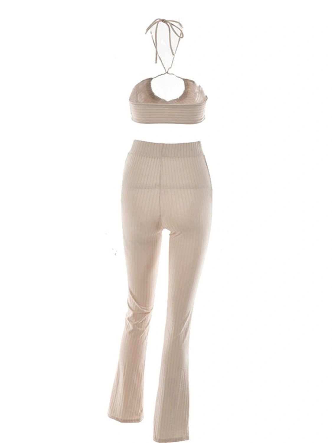 Women Two Piece Set, Ribbed Halter Neck Tops High Waist Pants
