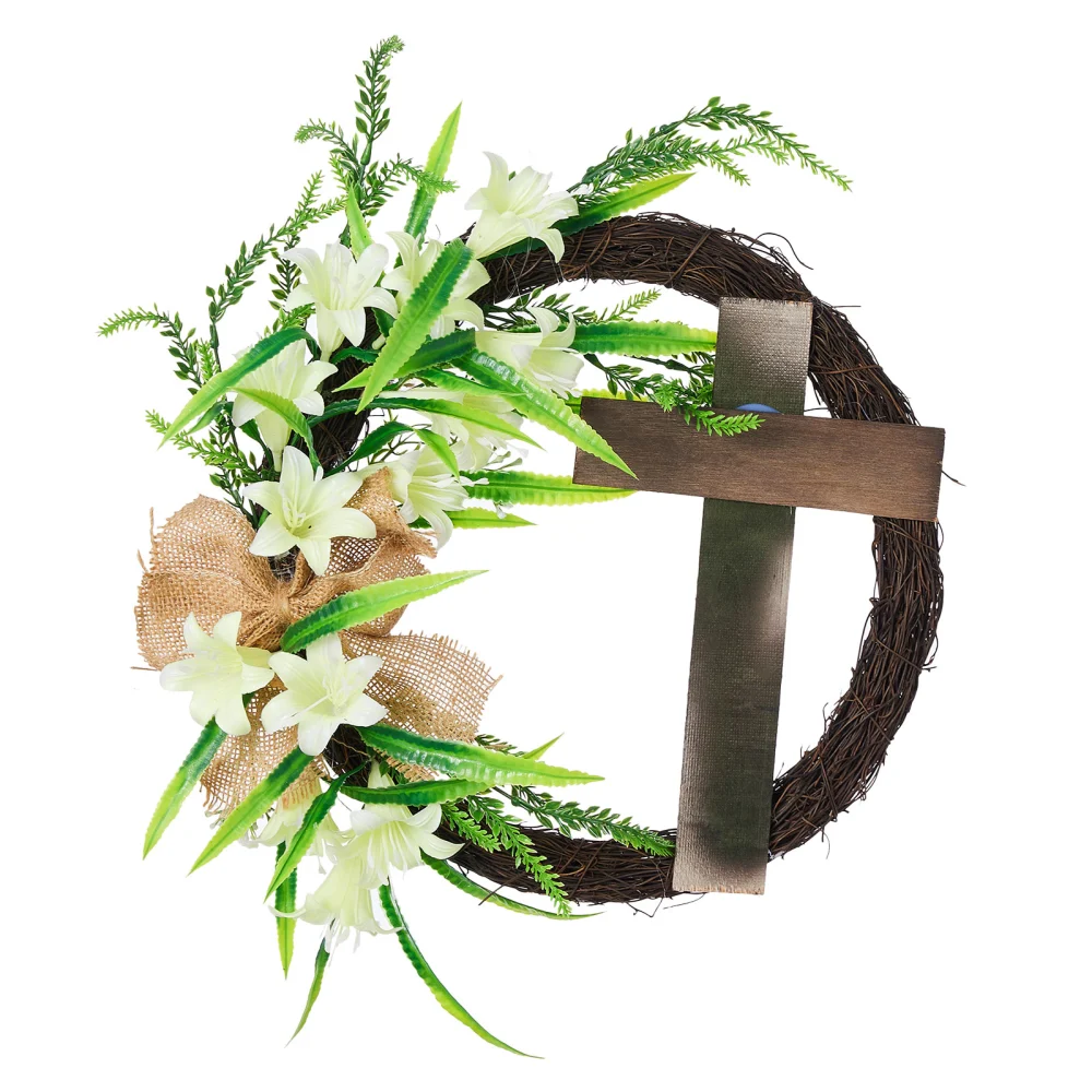 Easter Wreath Door Hanging Decoration with Cross, Bouquet Garland