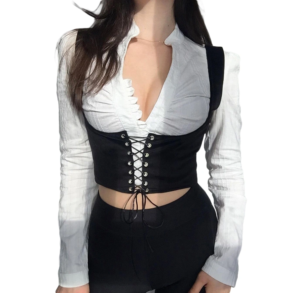 Ladies Outfit, Solid Color Tie Up Corset, V-neck Long Sleeve Shirt