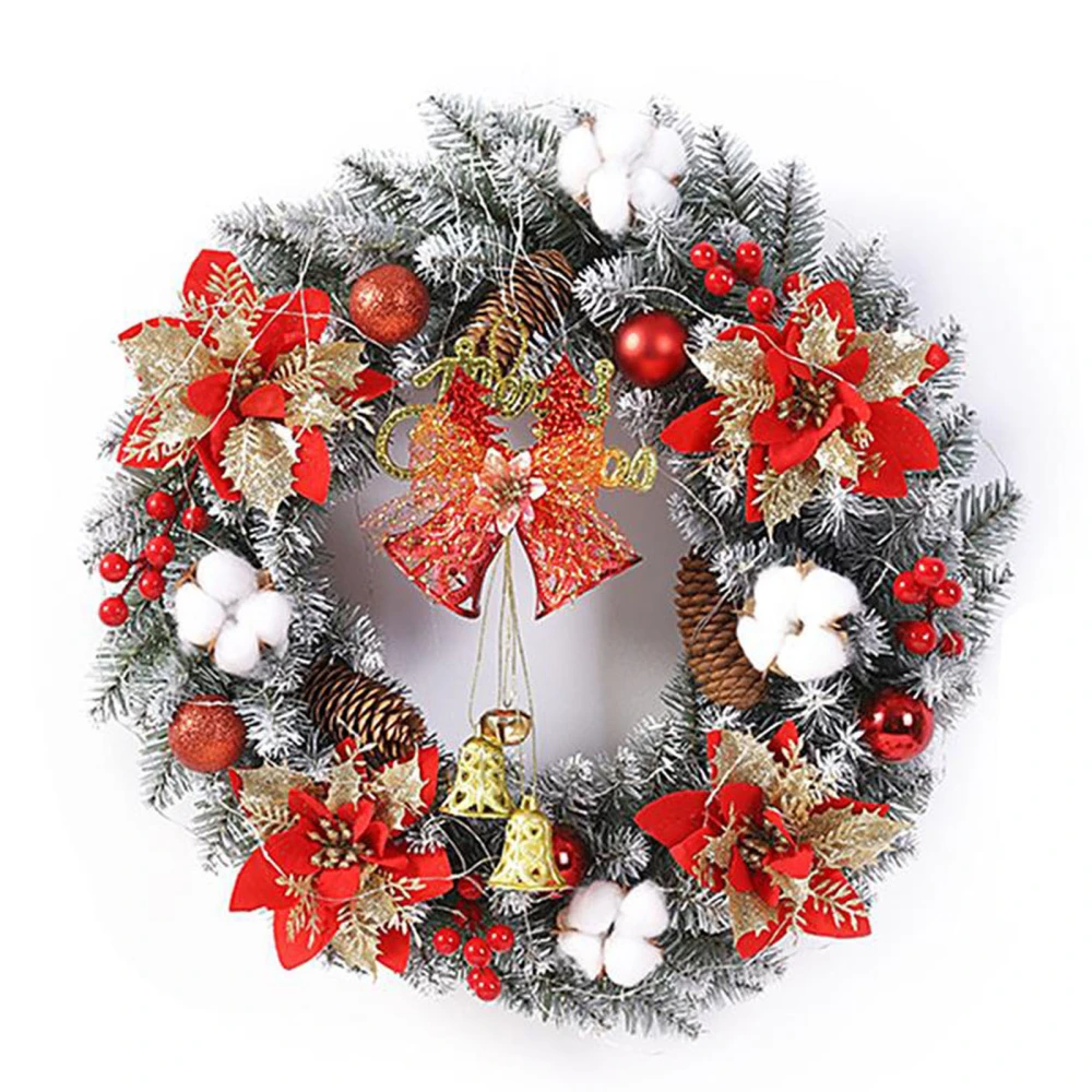 Christmas Wreath, Snow Flocked Pine Wreath with Poinsettia, Bells