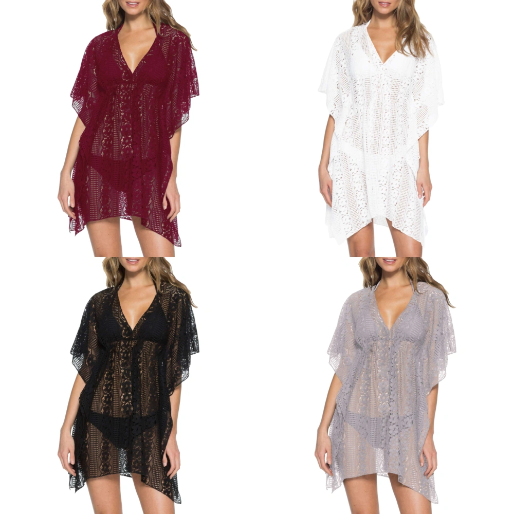 Women Beach Blouse, Deep V-neck Short Sleeve Lace Hem Loose Tops