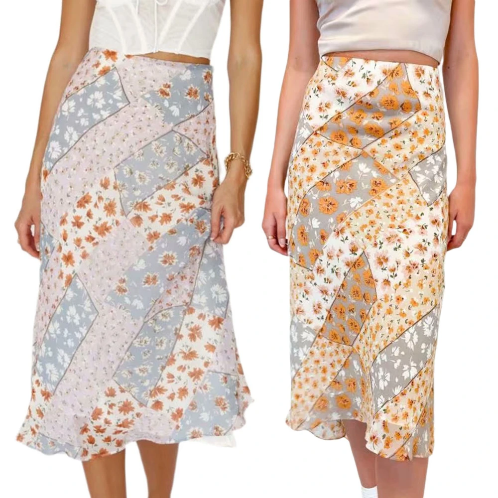 Female Floral Print High Waist Package Hip Midi Skirt A-Line Dress