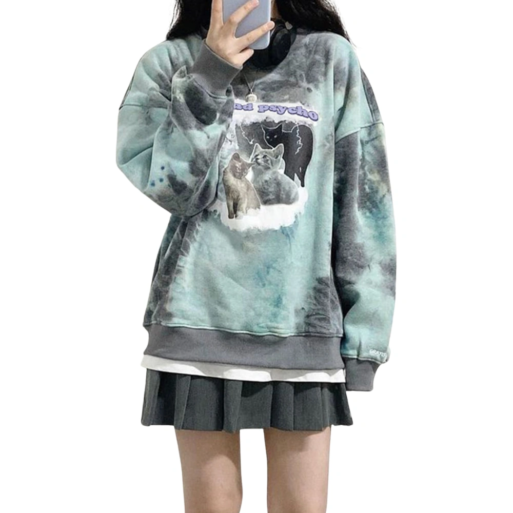 Women Tie Dye Sweatshirt, Long Sleeve Round Neck Cat Sweatshirt