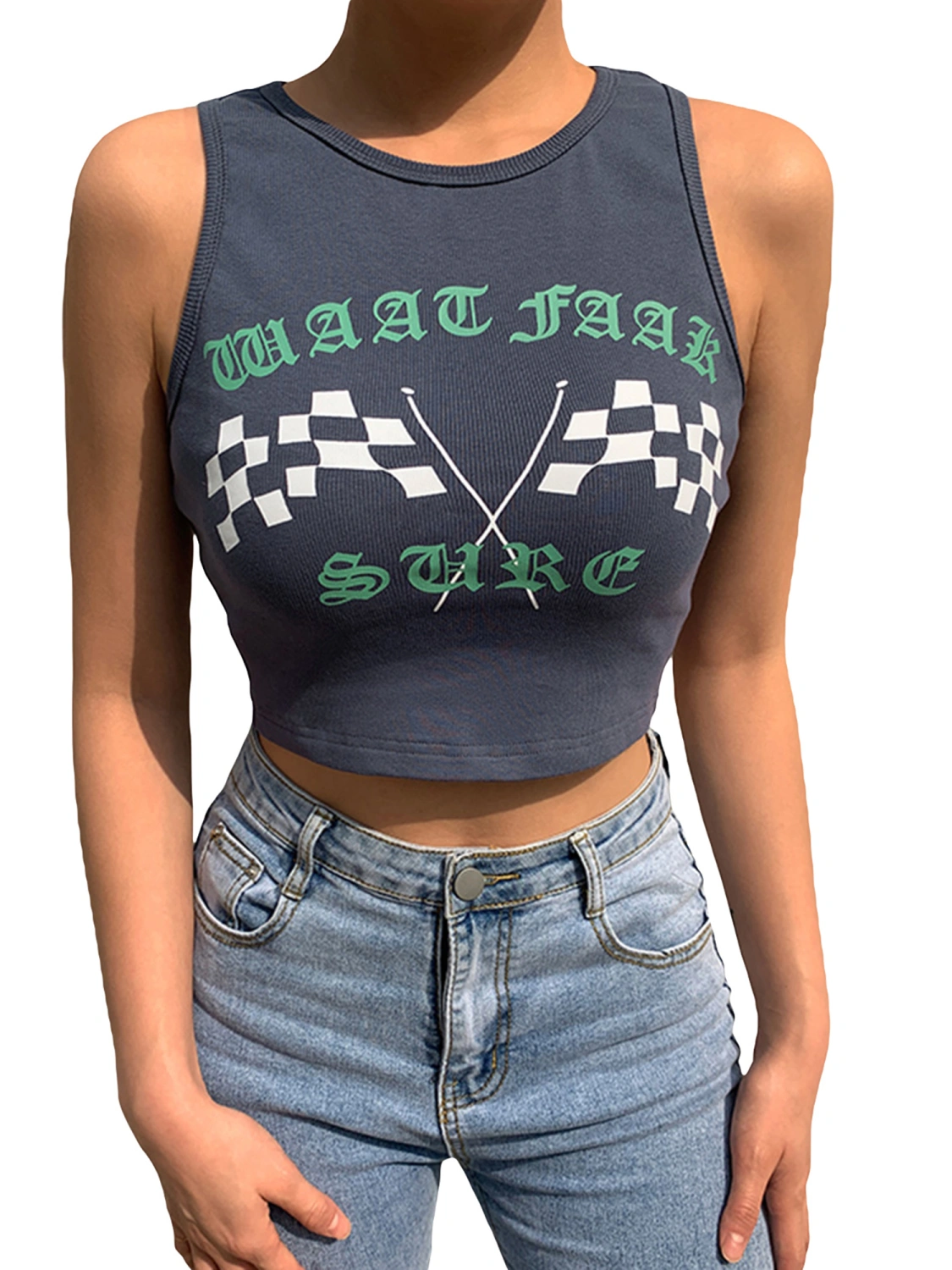 Women’s Racing Flag Pattern Round Neck Exposed Navel Knitted Vest