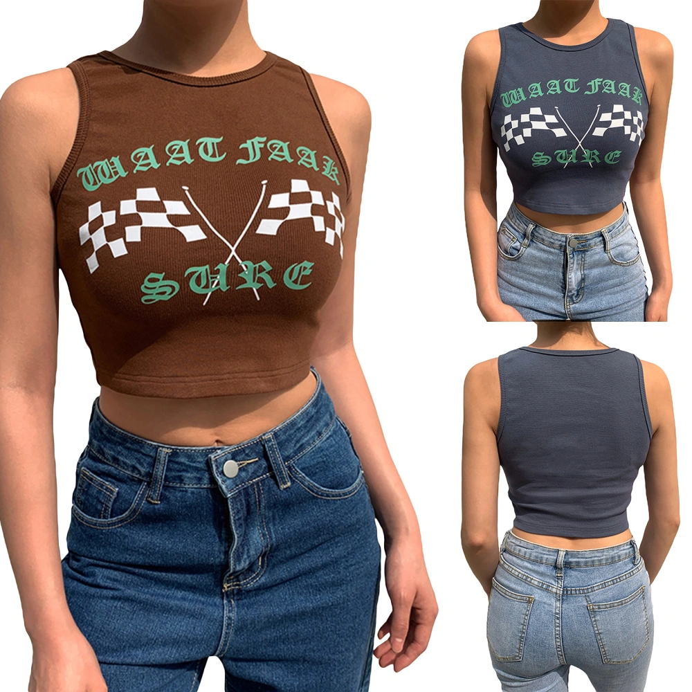 Women’s Racing Flag Pattern Round Neck Exposed Navel Knitted Vest