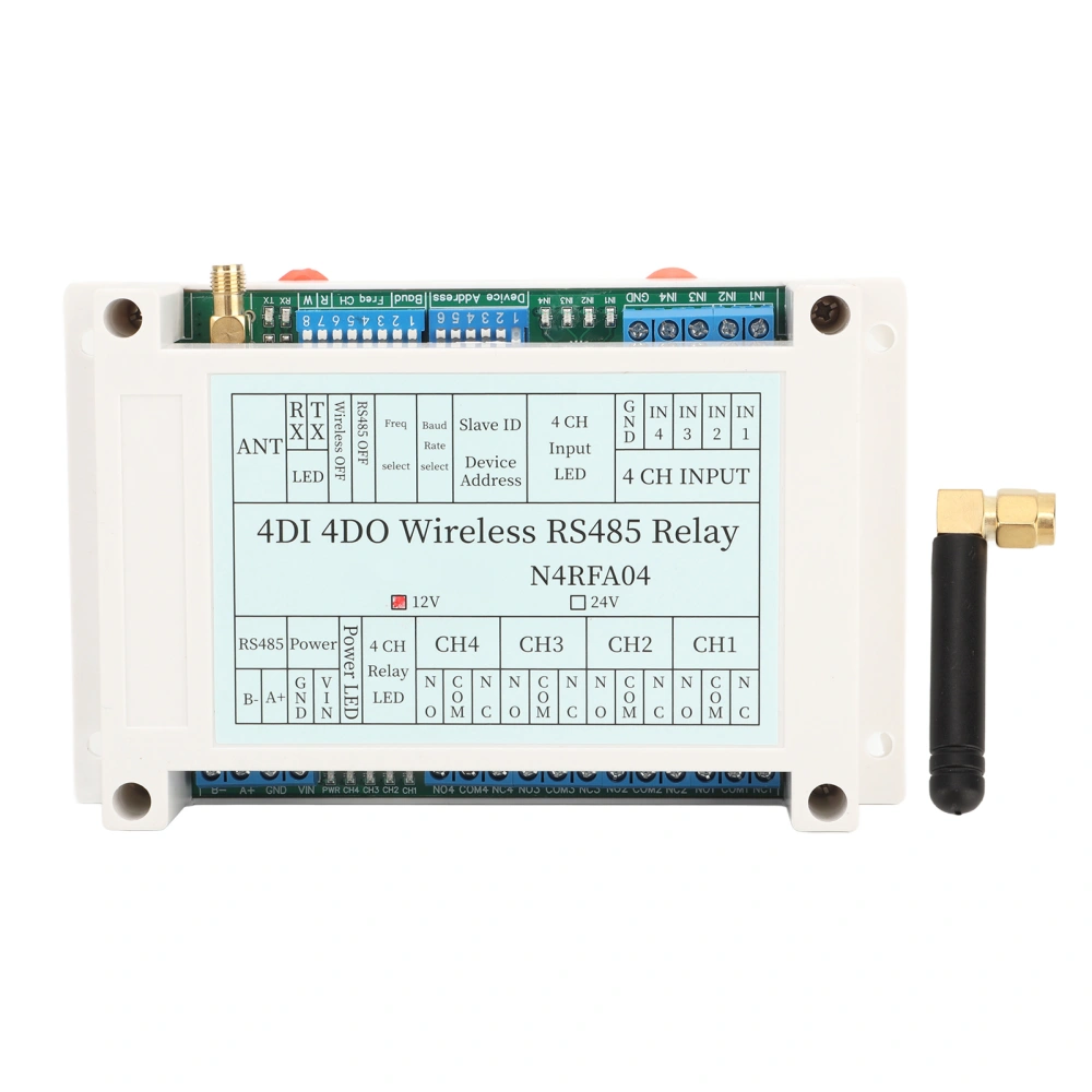 4 Channel Wireless Relay Module 4DI 4DO 433M RS485 Transmitter Receiver Relay with Antenna DC 12V