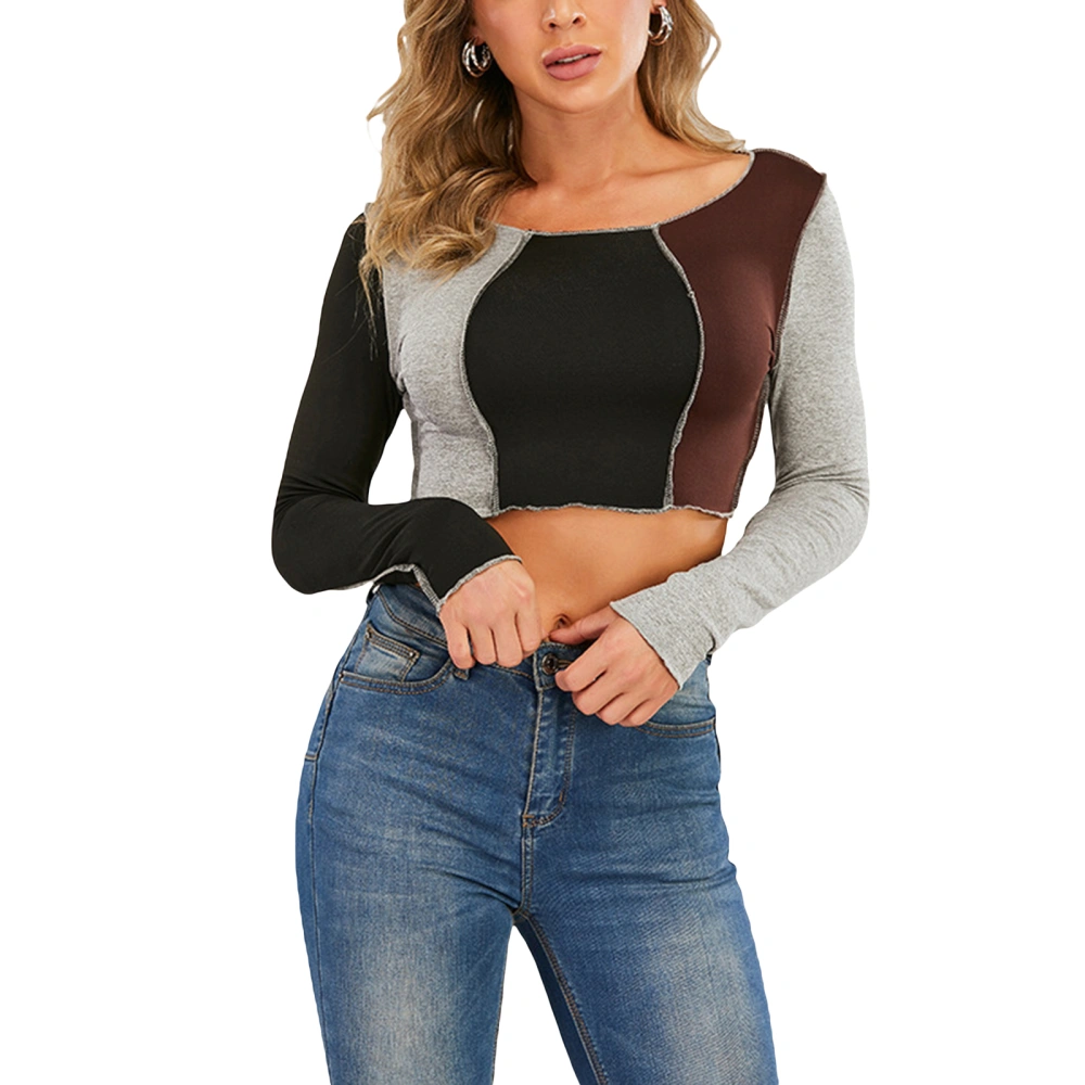 Women Patchwork Crop Tops Long Sleeve Scoop Neck Color Block Blouses