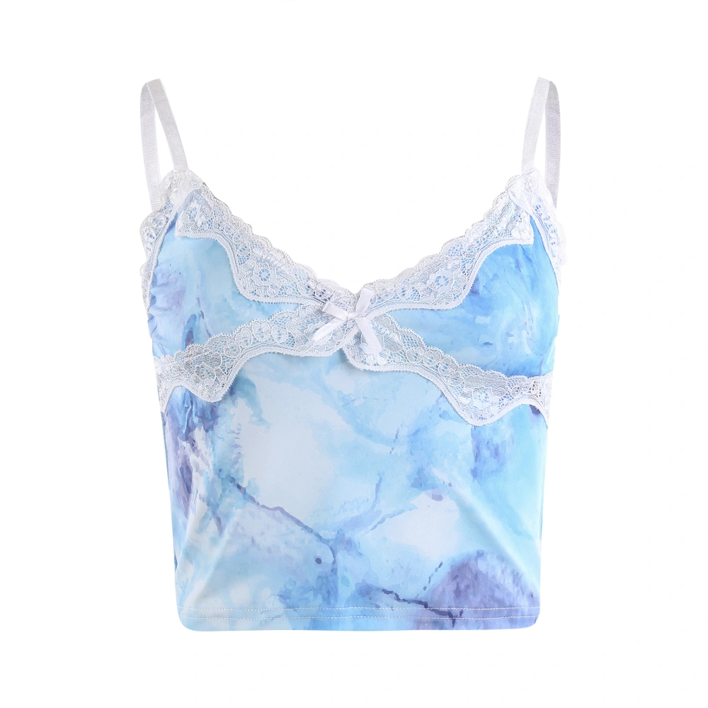 Women Tie Dye Print Camisole, Sleeveless Lace Patchwork Crop Cami Tops