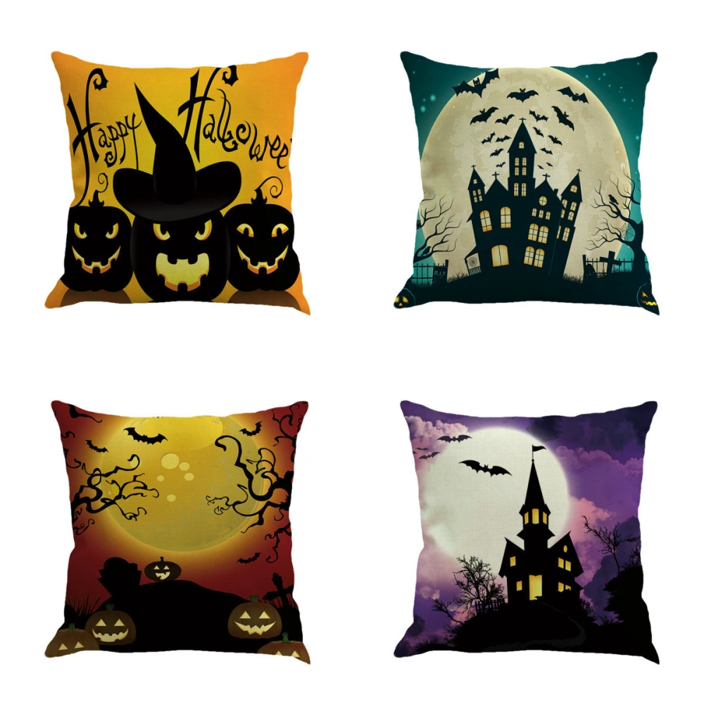 Cushion Cover Zipper Closure Halloween Night Bat Castle Printing Pillowcase