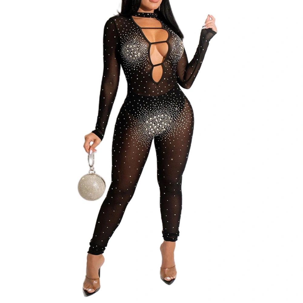 Women Long Sleeve Jumpsuit with Rhinestone Sexy Mesh Clothing