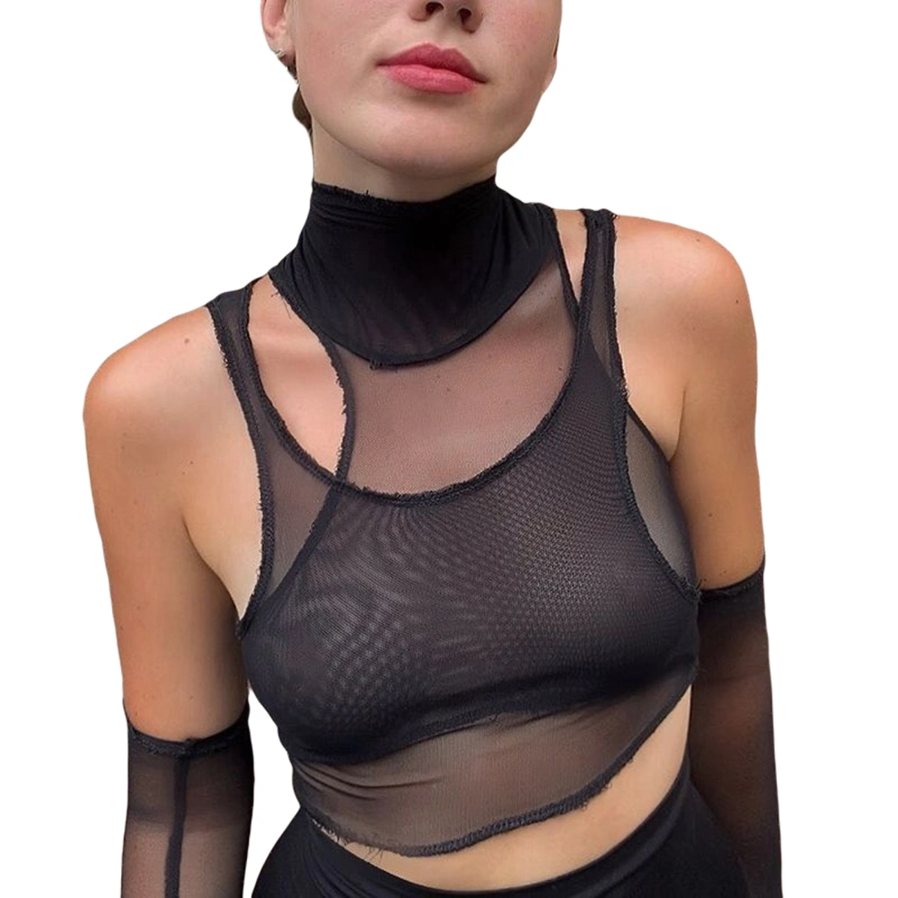 2Pcs Women Summer Crop Top, Sheer High-Collar Top + Sleeveless Tank Top