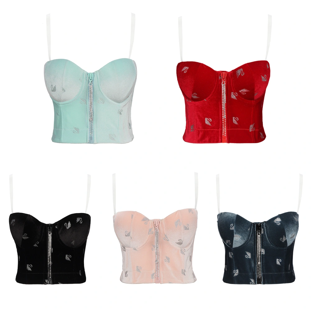 Women Push Up Bustier Tops, Swan Print Spaghetti Strap Zip Cami Tops