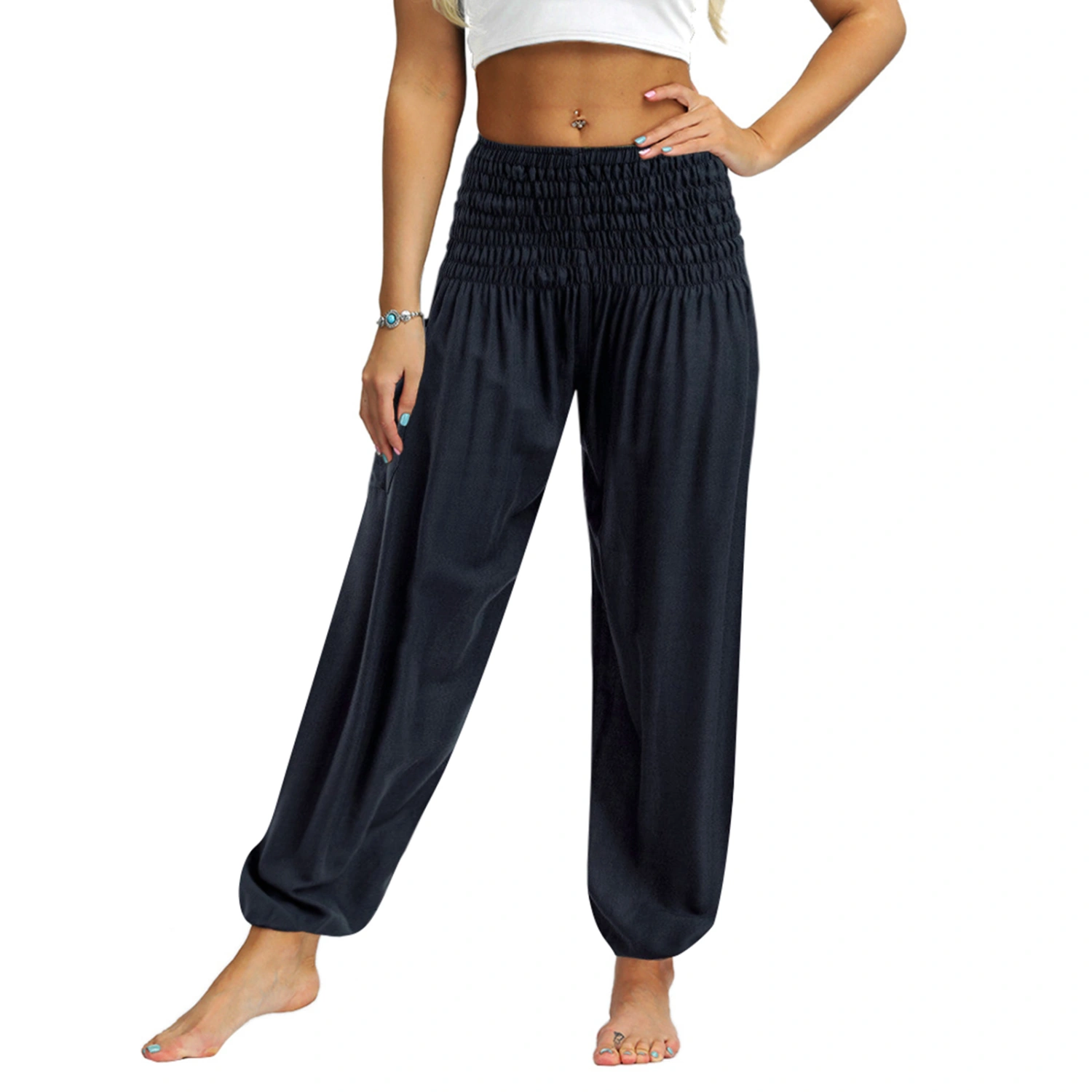 Women Smocked Harem Hippie Pants, Plus Size High Waist Palazzo Pants