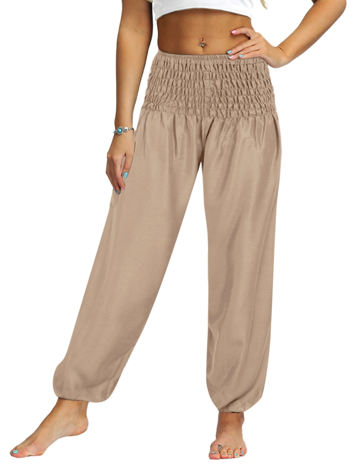 Women Smocked Harem Hippie Pants, Plus Size High Waist Palazzo Pants