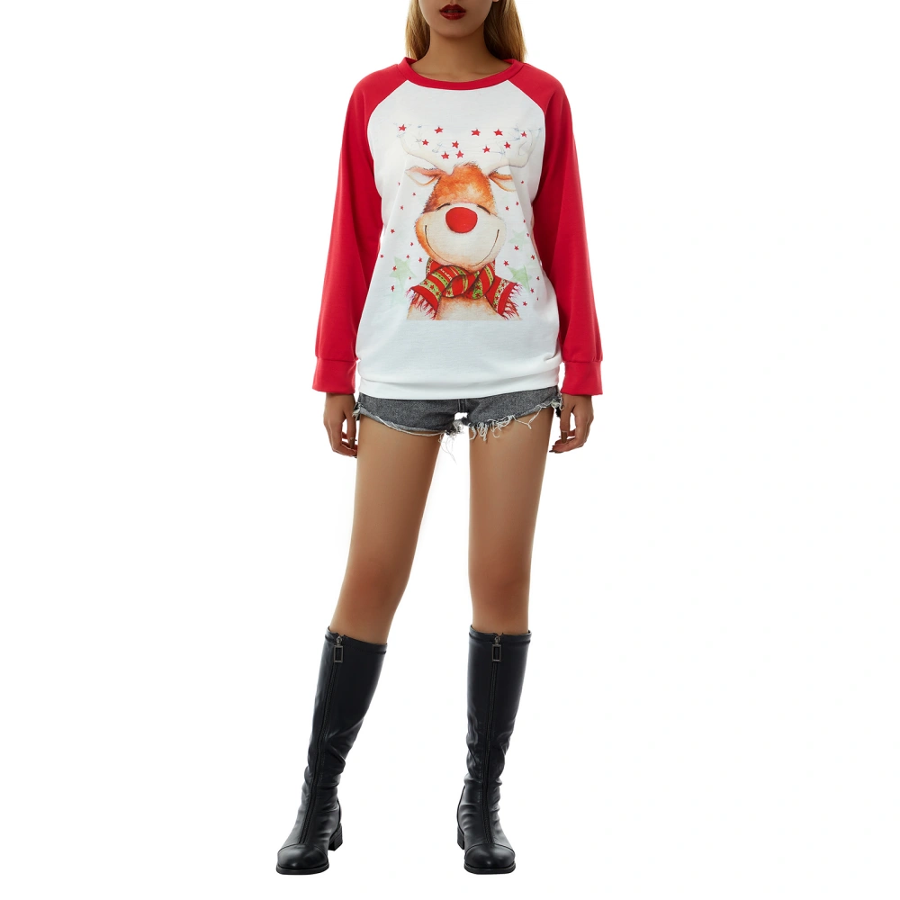 Female Tops, Christmas Elk/ Gnome Print Round Neck Long Sleeve Blouse