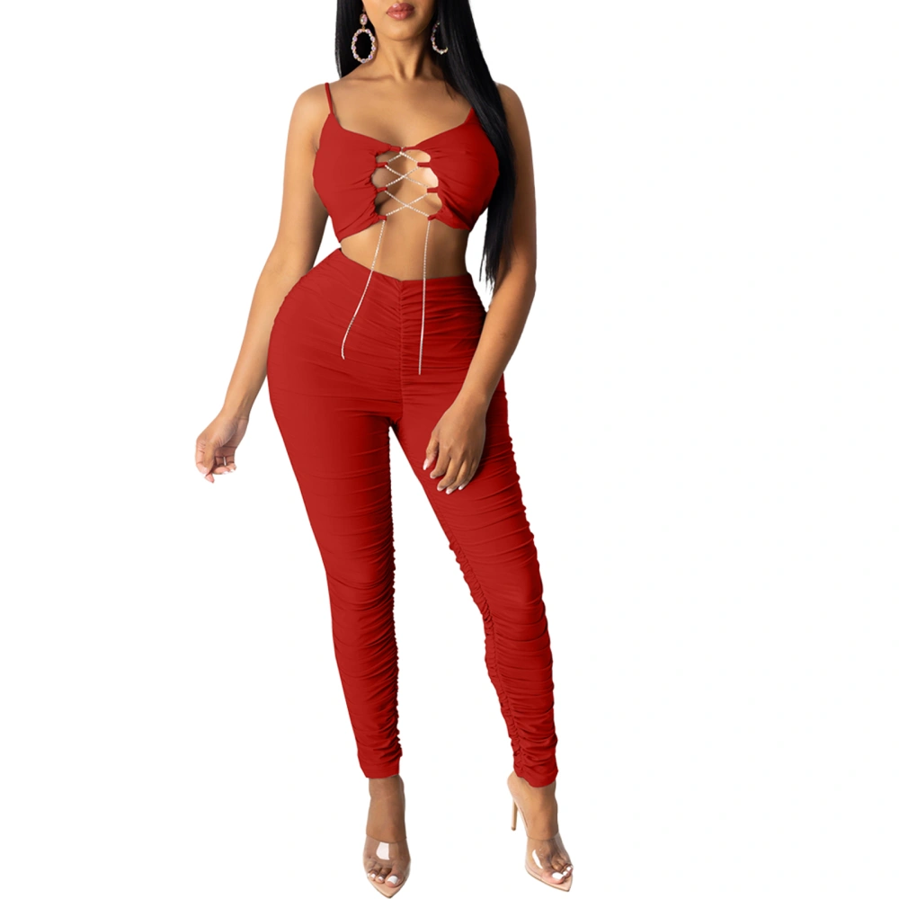 Women Navel Camisole + High-waist Trousers, Hollow Adjustable Bandage