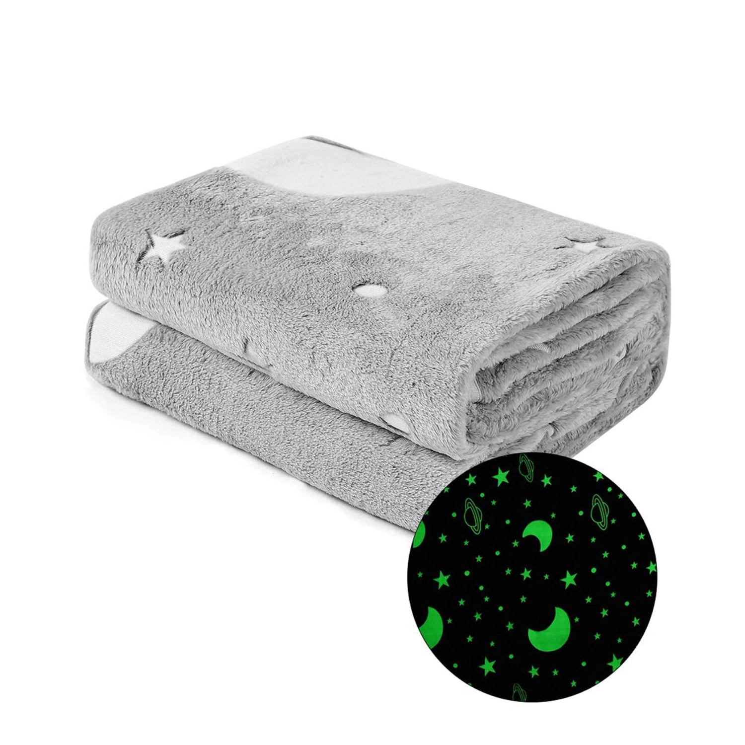 Soft Glow in the Dark Throw Blanket with Star Moon Pattern Gray