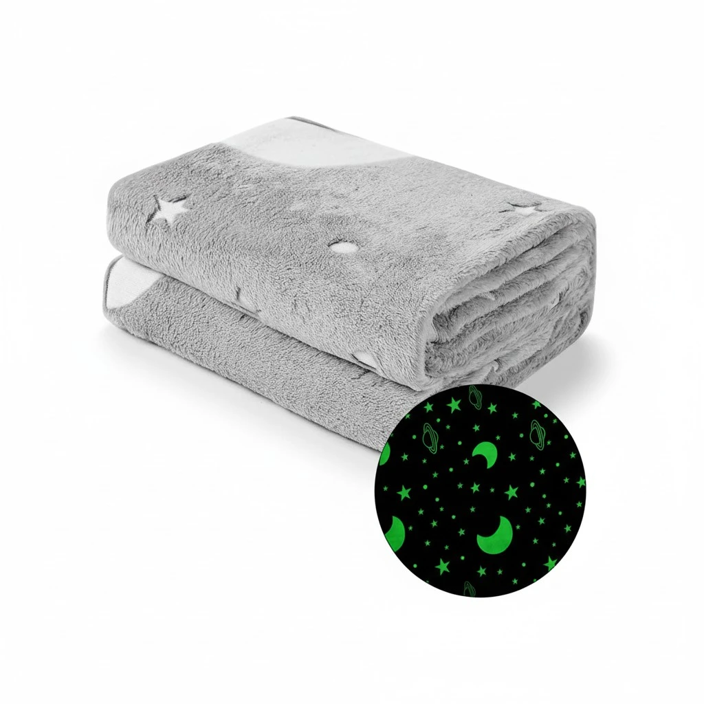 Soft Glow in the Dark Throw Blanket with Star Moon Pattern Gray