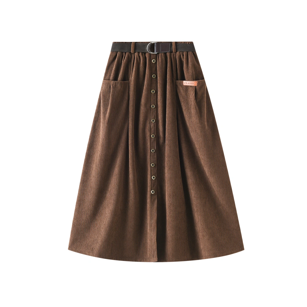 Women Corduroy Skirt, Solid Color High-Waist Buttons Umbrella Skirt