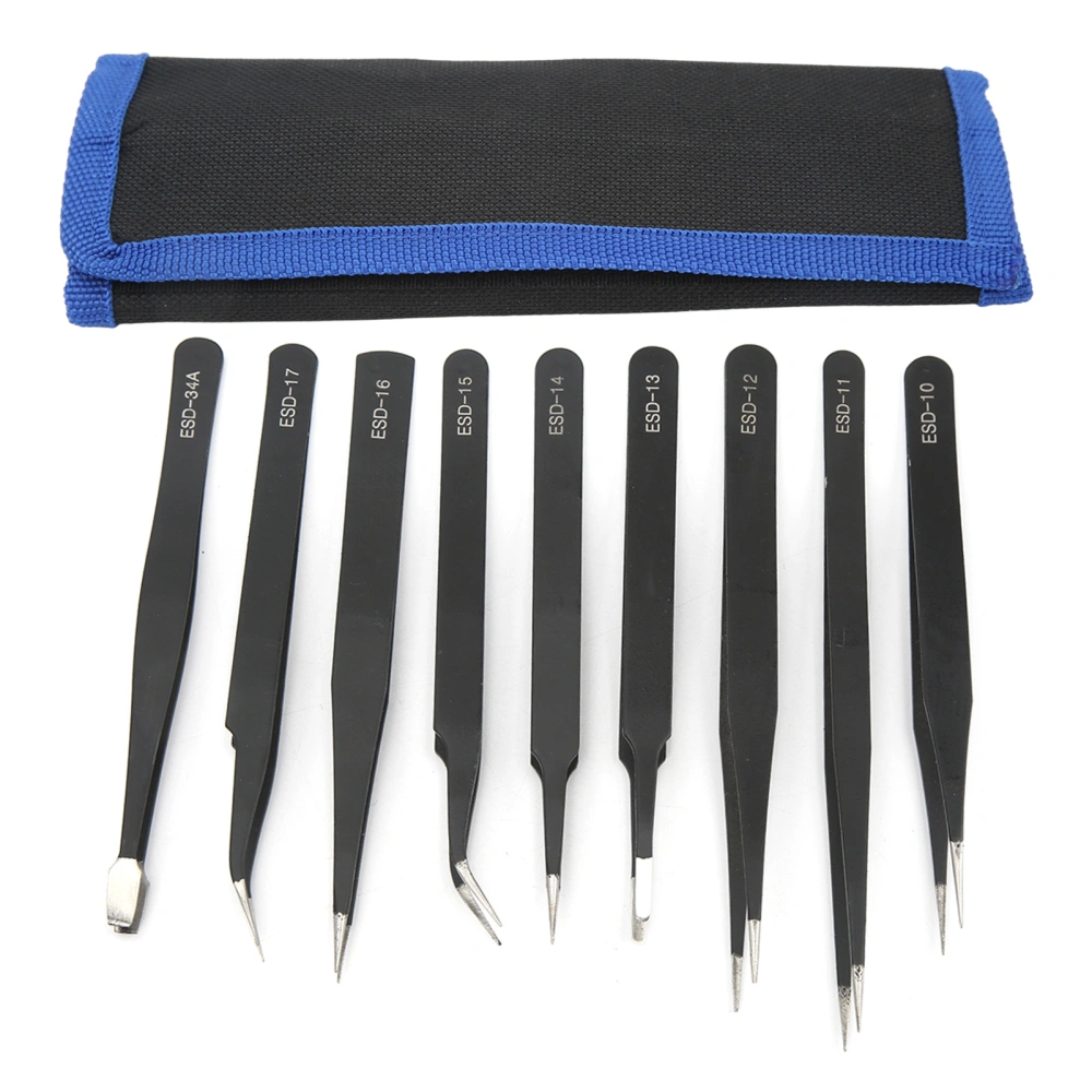 9PCS Tweezer Set Stainless Steel Anti Slip Pointed Curved Tips Tweezer Set for Cell Phone Repair