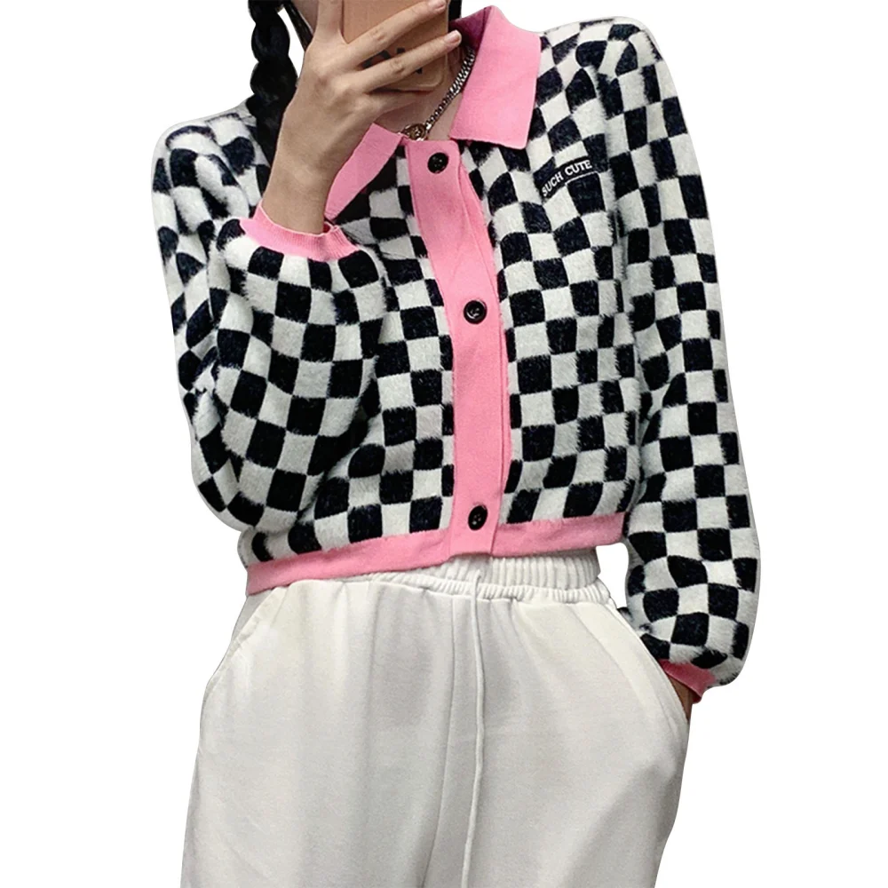 Female Checkerboard Print Turn-Down Collar Long Sleeve Knitted Coat