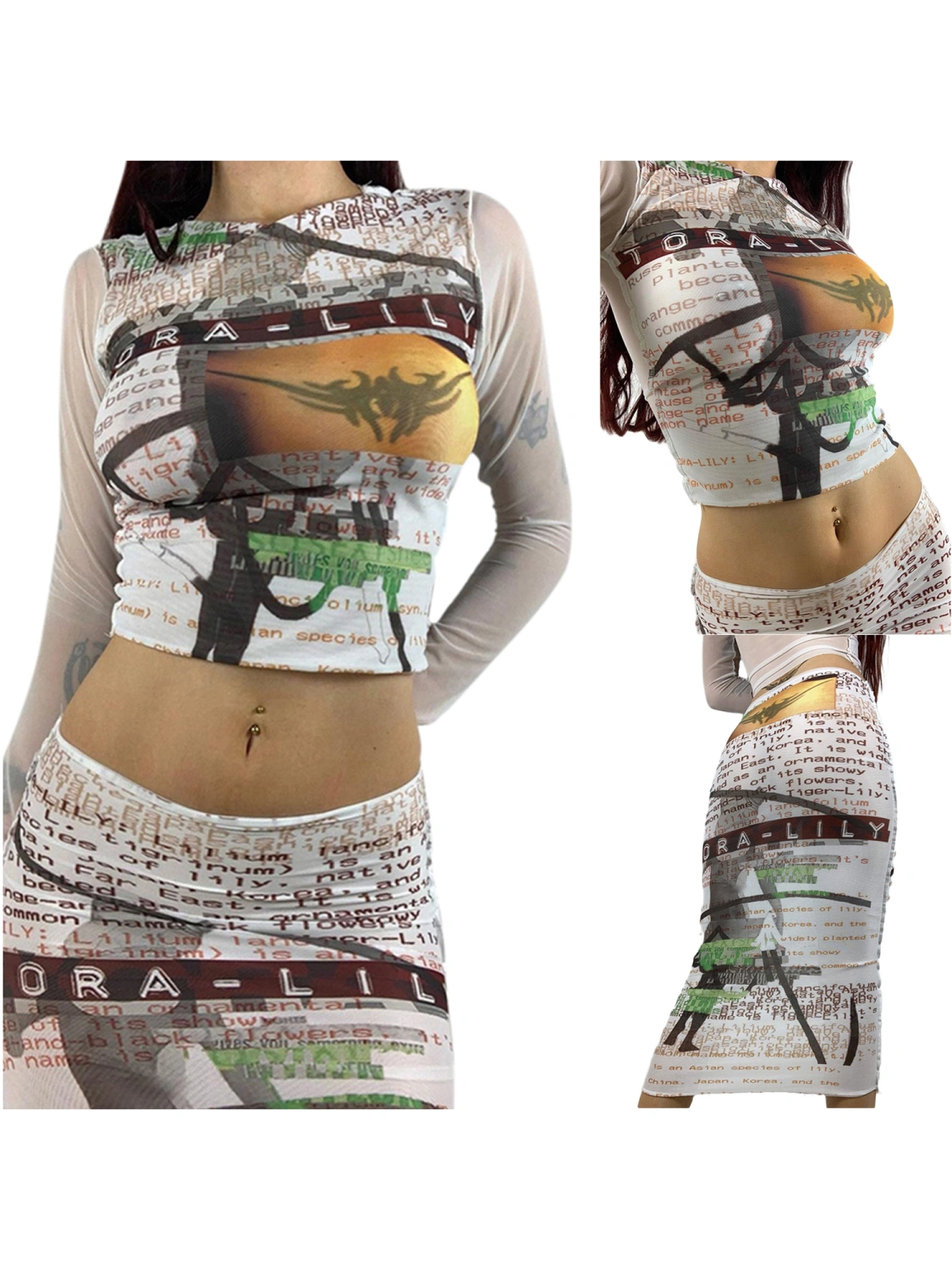 Women Round Neck Wrapped Cropped Tops Half Dress Skirt Suit, White