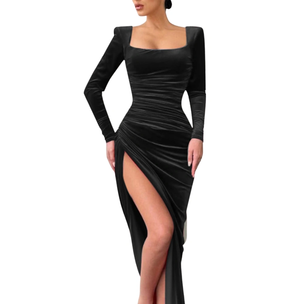 Women's Dress, Square Neck Long Sleeve Slit Pleated Long Dress