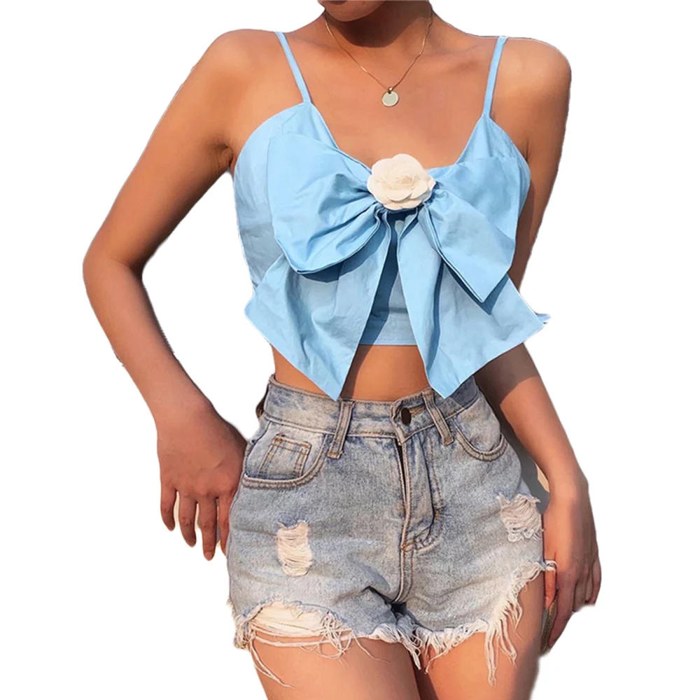 Women Crop Cami Tops, Spaghetti Strap 3D Flower Bow Knot Camisole