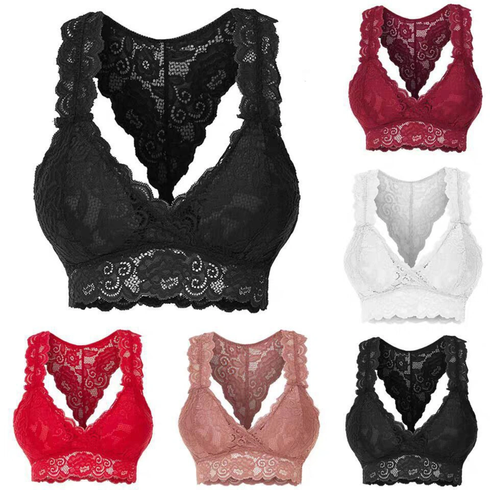 Women Sexy Lace Hem Underwear, Solid Color Deep V-neck Tops