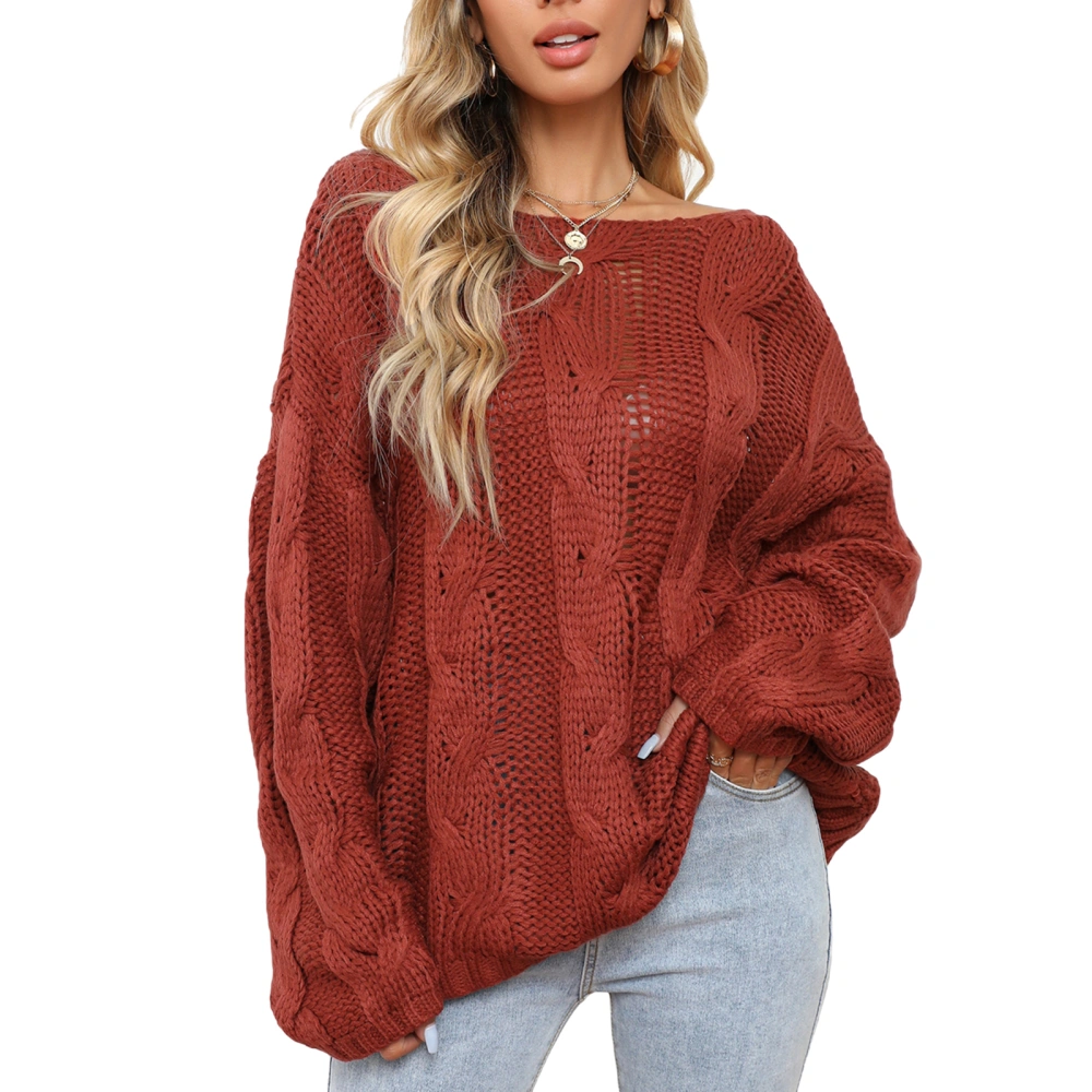 Women Solid Color Sweater, Off-the-shoulder Loose Knitted Pullover