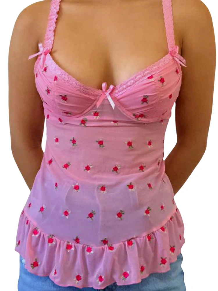 Embroidered Rose Pattern Lace Strap Bowknot Underwire Padding Tank Top