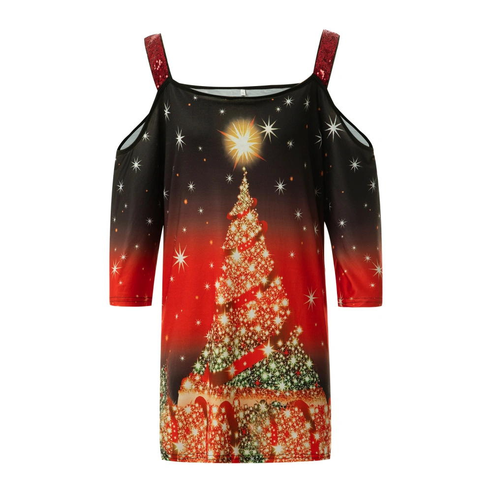 Women Oversize T-shirt, Christmas Tree Print Off-the-shoulder Tops