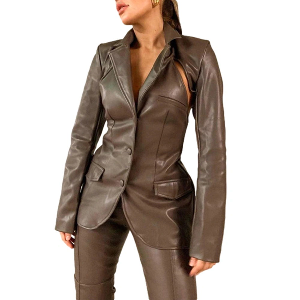 Leather Suit Jacket, Solid Color Tailored Collar Cutout Blazer